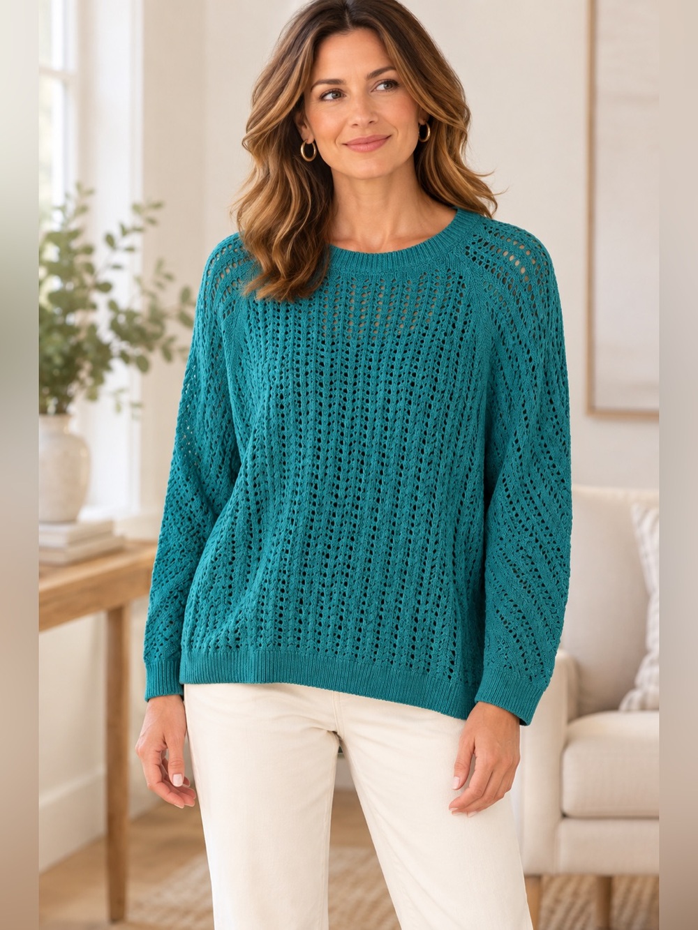 J.Jill Open Knit Pullover Sweater Teal Green Size Large